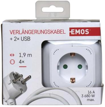 EMOS P04219GU Steckdosenwürfel, 4 Steckdosen, USB, 1,9m, 1,5mm², weiß (1922040191)