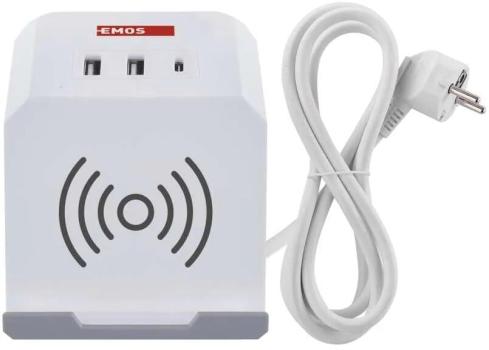 EMOS P0222CQ Steckdosenwürfel, 2 Steckdosen, 2×USB-A+1×USB-C+Qi, 2m, 1,5mm², weiß (1922120200)