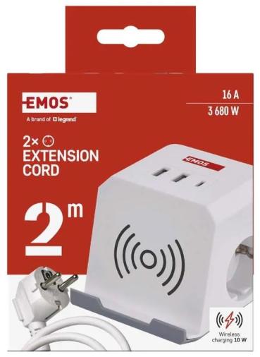 EMOS P0222CQ Steckdosenwürfel, 2 Steckdosen, 2×USB-A+1×USB-C+Qi, 2m, 1,5mm², weiß (1922120200)