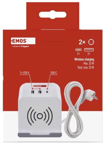 EMOS P0222CQ Steckdosenwürfel, 2 Steckdosen, 2×USB-A+1×USB-C+Qi, 2m, 1,5mm², weiß (1922120200)