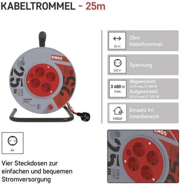 EMOS P09225 Kabeltrommel, SCHUKO, 4 Steckdosen, Länge 25m, 1,5mm², PVC, rot (1928042500)