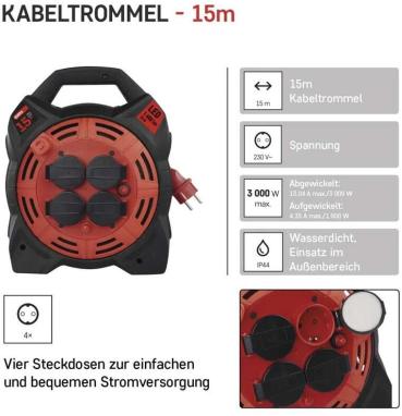 EMOS P08215 Kabeltrommel mit LED-Strahler, SCHUKO, 4 Steckdosen, Länge 15m, 1,5mm², Gummi, schwarz (1928441500)