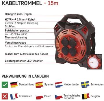 EMOS P08215 Kabeltrommel mit LED-Strahler, SCHUKO, 4 Steckdosen, Länge 15m, 1,5mm², Gummi, schwarz (1928441500)