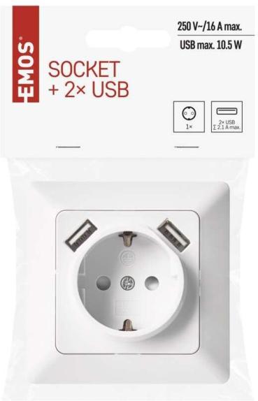 EMOS A6000.1 Steckdose mit USB 2,1A max. SCHUKO, IP20, weiß (1906010501)