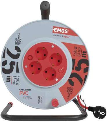 EMOS P092251 Kabeltrommel, SCHUKO, 4 Steckdosen, Länge 25m, 1,5mm², PVC, rot (1928042504)