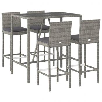 5-tlg. Gartenbar-Set mit Kissen Grau Poly Rattan