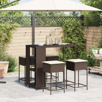 5-tlg. Gartenbar-Set mit Kissen Braun Poly Rattan