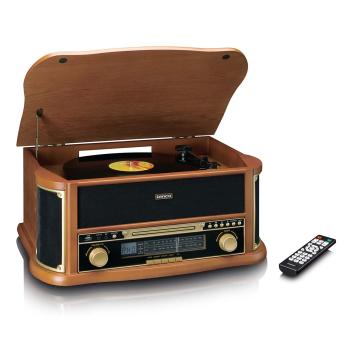 Retro-Plattenspieler aus Holz mit Bluetooth®, AM/FM-Radio, USB-Codierung, CD-Player, Kassettenspieler und eingebauten Lautsprechern