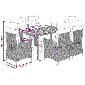 7-tlg. Garten-Essgruppe mit Kissen Schwarz Poly Rattan