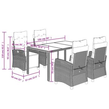 5-tlg. Garten-Essgruppe mit Kissen Schwarz Poly Rattan