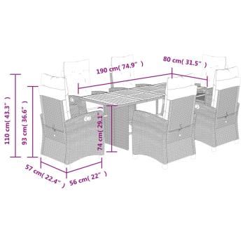 7-tlg. Garten-Essgruppe mit Kissen Schwarz Poly Rattan