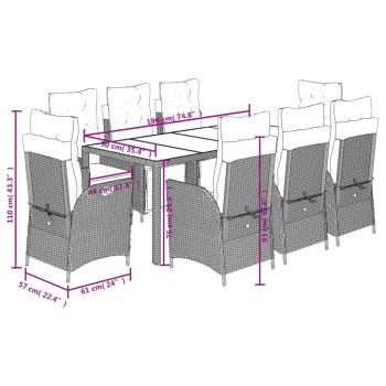 9-tlg. Garten-Essgruppe mit Kissen Grau Poly Rattan