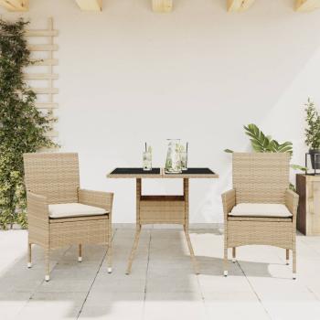 ARDEBO.de - 3-tlg. Garten-Essgruppe mit Kissen Beige Poly Rattan und Glas