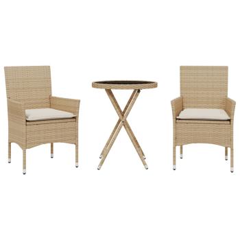 3-tlg. Bistro-Set mit Kissen Beige Poly Rattan und Glas