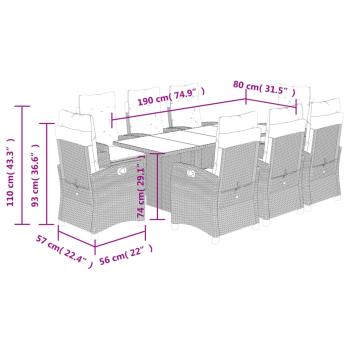 9-tlg. Garten-Essgruppe mit Kissen Grau Poly Rattan