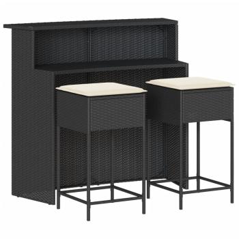 3-tlg. Gartenbar-Set mit Kissen Schwarz Poly Rattan