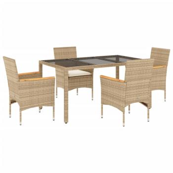 5-tlg. Garten-Essgruppe mit Kissen Beige Poly Rattan und Glas