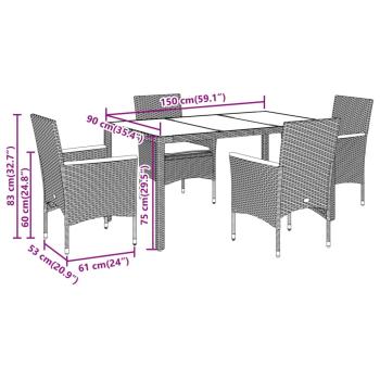 5-tlg. Garten-Essgruppe mit Kissen Beige Poly Rattan und Glas