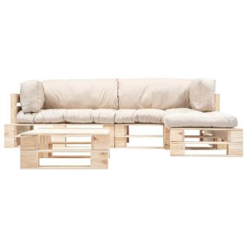 4-tlg. Paletten-Lounge-Set mit Kissen in Sandfarben Holz