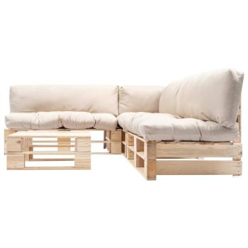 4-tlg. Paletten-Lounge-Set mit Kissen in Sandfarben Holz