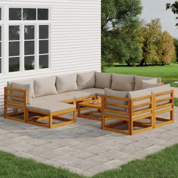 ARDEBO.de - 10-tlg. Garten-Lounge-Set mit Hellgrauen Kissen Massivholz