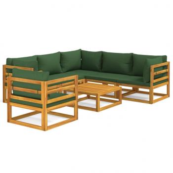 7-tlg. Garten-Lounge-Set mit Grünen Kissen Massivholz