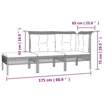 3-tlg. Garten-Lounge-Set mit Kissen Grau Poly Rattan