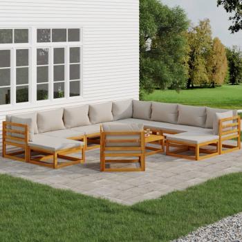 ARDEBO.de - 12-tlg. Garten-Lounge-Set mit Hellgrauen Kissen Massivholz