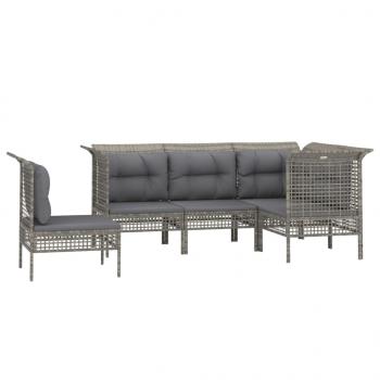 5-tlg. Garten-Lounge-Set mit Kissen Grau Poly Rattan