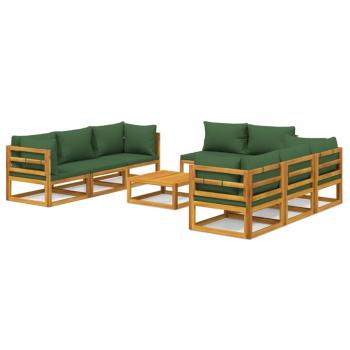 9-tlg. Garten-Lounge-Set mit Grünen Kissen Massivholz