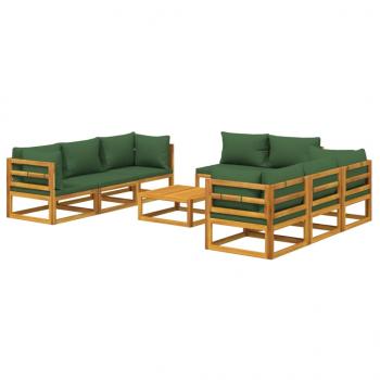 9-tlg. Garten-Lounge-Set mit Grünen Kissen Massivholz