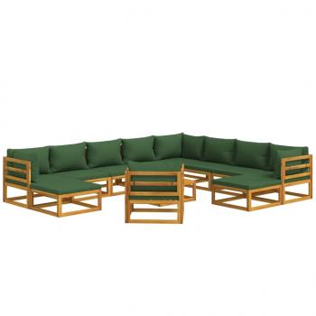 12-tlg. Garten-Lounge-Set mit Grünen Kissen Massivholz