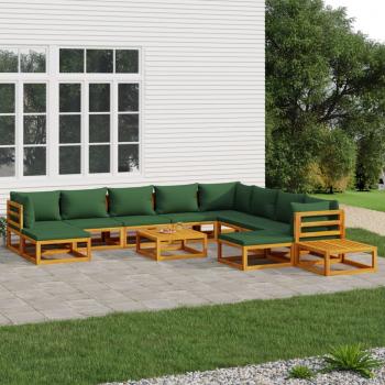 ARDEBO.de - 12-tlg. Garten-Lounge-Set mit Grünen Kissen Massivholz