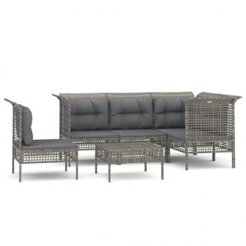 6-tlg. Garten-Lounge-Set mit Kissen Grau Poly Rattan