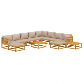 12-tlg. Garten-Lounge-Set mit Taupe Kissen Massivholz