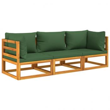 3-tlg. Garten-Lounge-Set mit Grünen Kissen Massivholz