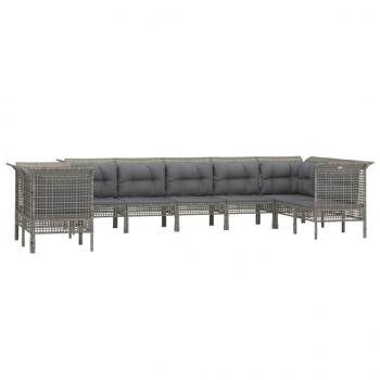 9-tlg. Garten-Lounge-Set mit Kissen Grau Poly Rattan