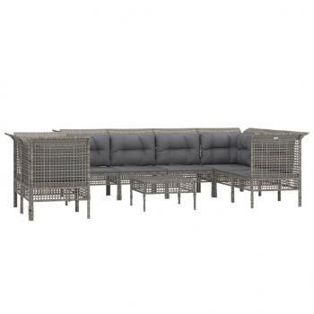 9-tlg. Garten-Lounge-Set mit Kissen Grau Poly Rattan