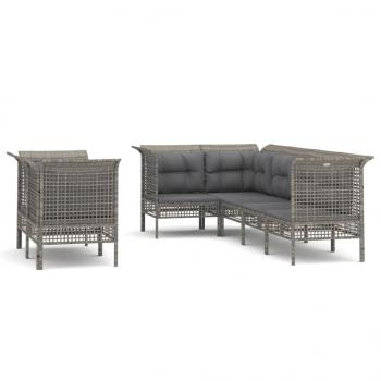 7-tlg. Garten-Lounge-Set mit Kissen Grau Poly Rattan