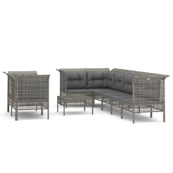 9-tlg. Garten-Lounge-Set mit Kissen Grau Poly Rattan