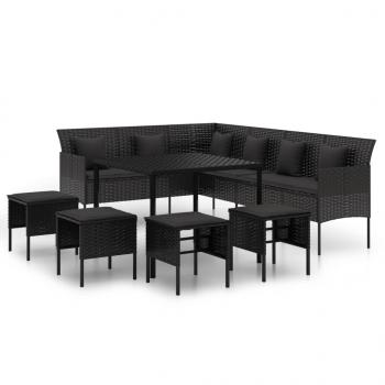 6-tlg. Garten-Essgruppe mit Kissen Schwarz Poly Rattan