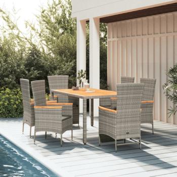 ARDEBO.de - 7-tlg. Garten-Essgruppe mit Kissen Grau Poly Rattan