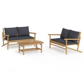 3-tlg. Garten-Lounge-Set mit Dunkelgrauen Kissen Bambus