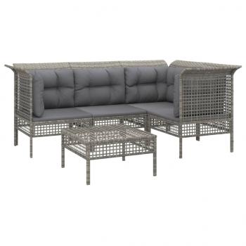 5-tlg. Garten-Lounge-Set mit Kissen Grau Poly Rattan