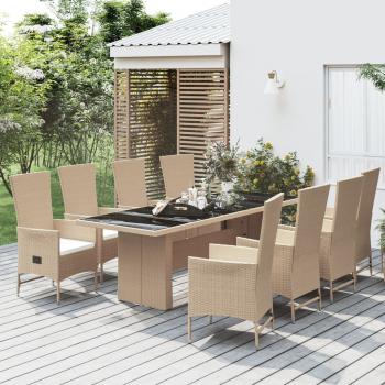 ARDEBO.de - 9-tlg. Garten-Essgruppe mit Kissen Beige Poly Rattan