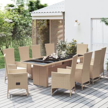 ARDEBO.de - 11-tlg. Garten-Essgruppe mit Kissen Beige Poly Rattan