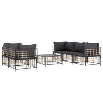 6-tlg. Garten-Lounge-Set mit Kissen Anthrazit Poly Rattan