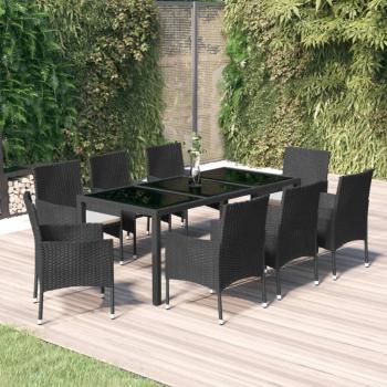 ARDEBO.de - 9-tlg. Garten-Essgruppe mit Kissen Schwarz Poly Rattan