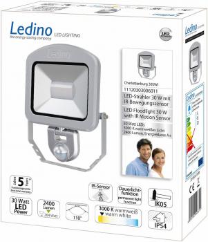 Ledino Charlottenburg 30SWI LED-Strahler mit Sensor, 30W, 3000K, silber (11120303006011)