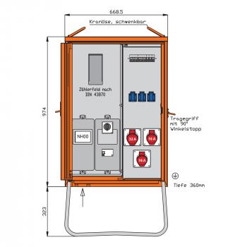 ARDEBO.de - WAV0100R1 Anschlussverteilerschrank 22kVA mit Zählerplatz, RCD TypB, 3 CEE-Abgän